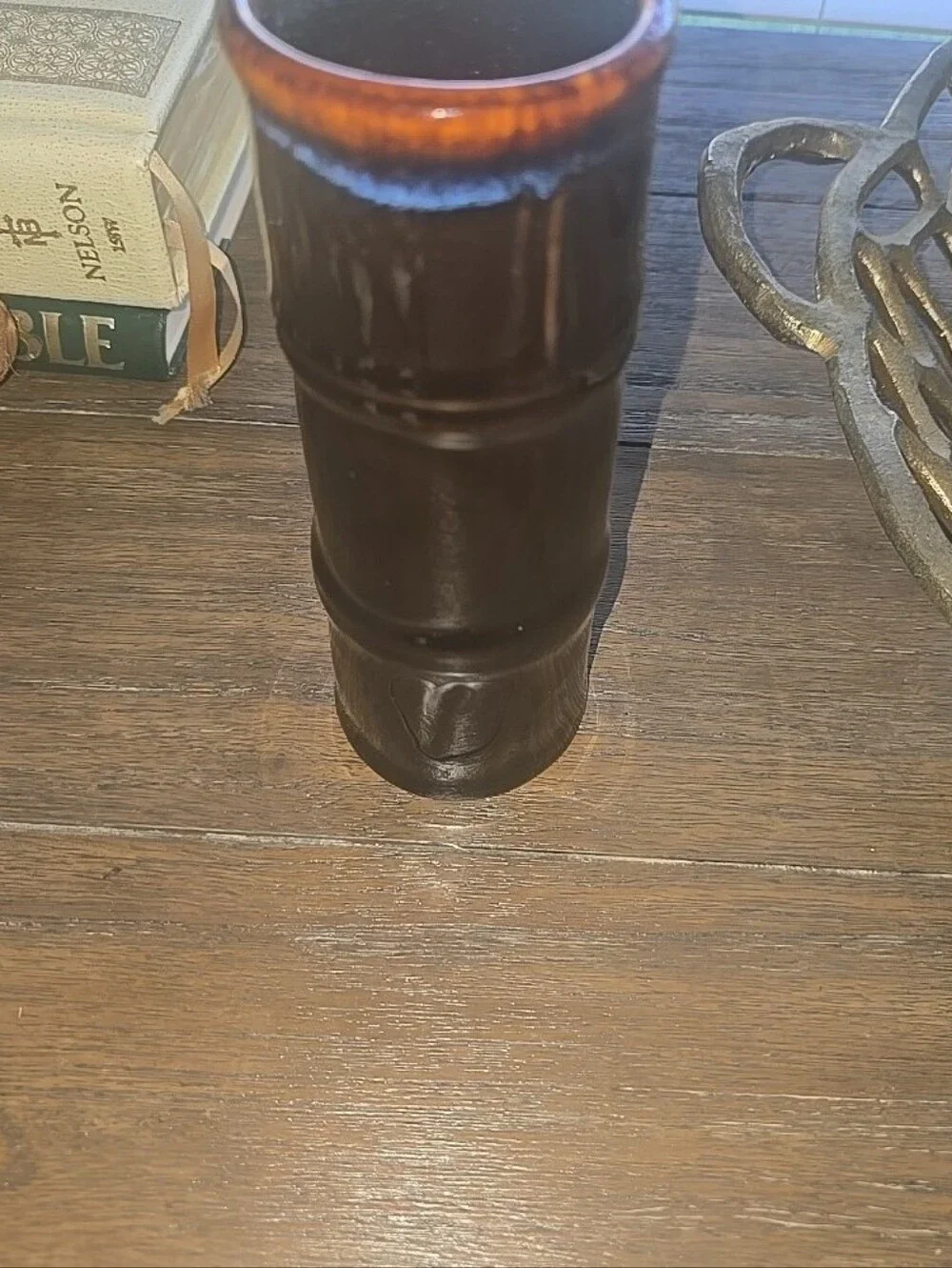 Libbey- Glossy Black Ceramic Bamboo-Style Vase